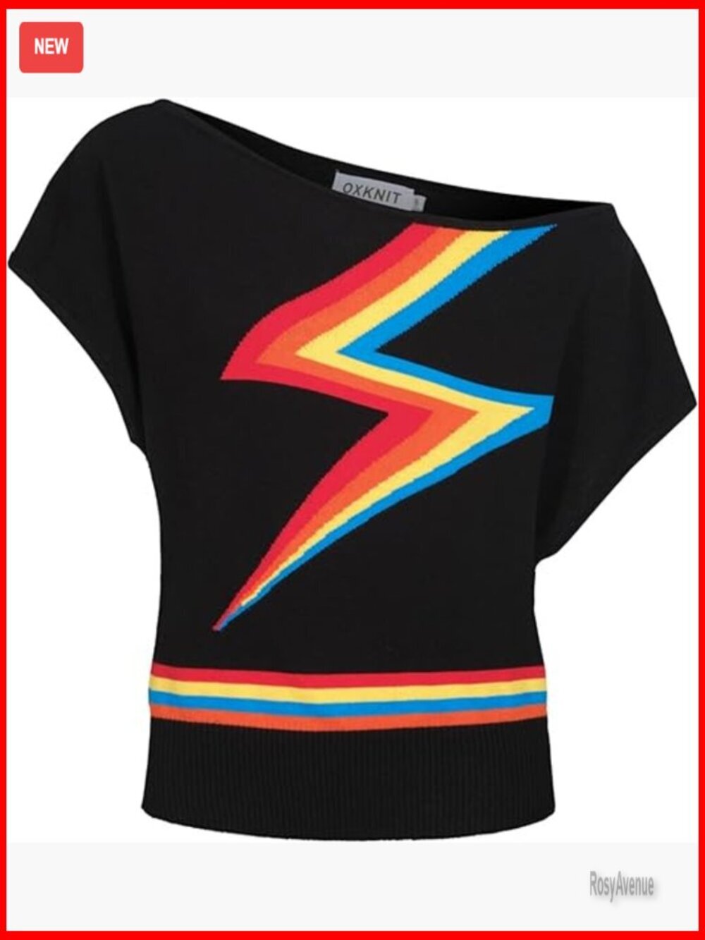 Retro Lightning Pattern Off Shoulder Ribbed Cotton Tee Short Sleeve